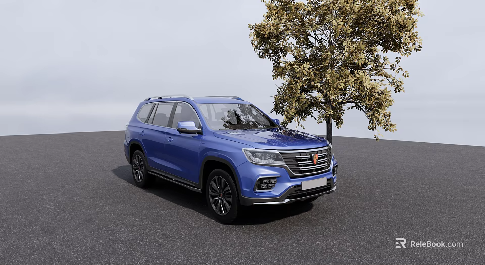Blue SUV Parked Next to Tree on Black Asphalt Road Under Blue Sky 3d model 