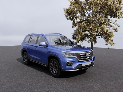 Blue SUV Parked Next to Tree on Black Asphalt Road Under Blue Sky 3d model