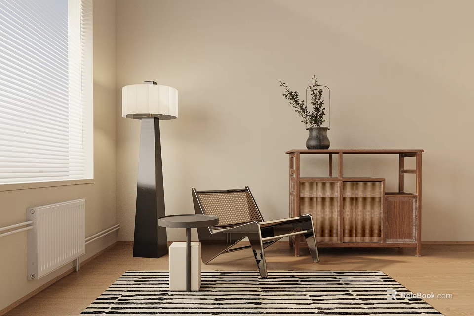 Modern Leisure Chair With Floor Lamp Side Table Cabinet Vase And Striped Rug In Interior 3d model 