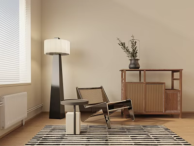 Modern Leisure Chair With Floor Lamp Side Table Cabinet Vase And Striped Rug In Interior 3d model