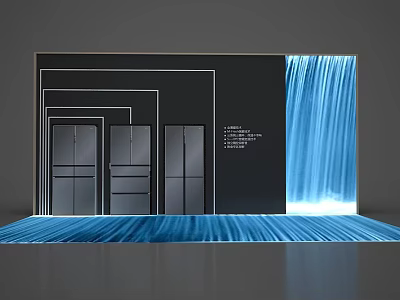 Modern Exhibition Island With Black Backdrop Multiple Cabinets And Blue Water Curtain 3d model