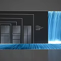 Modern Exhibition Island With Black Backdrop Multiple Cabinets And Blue Water Curtain