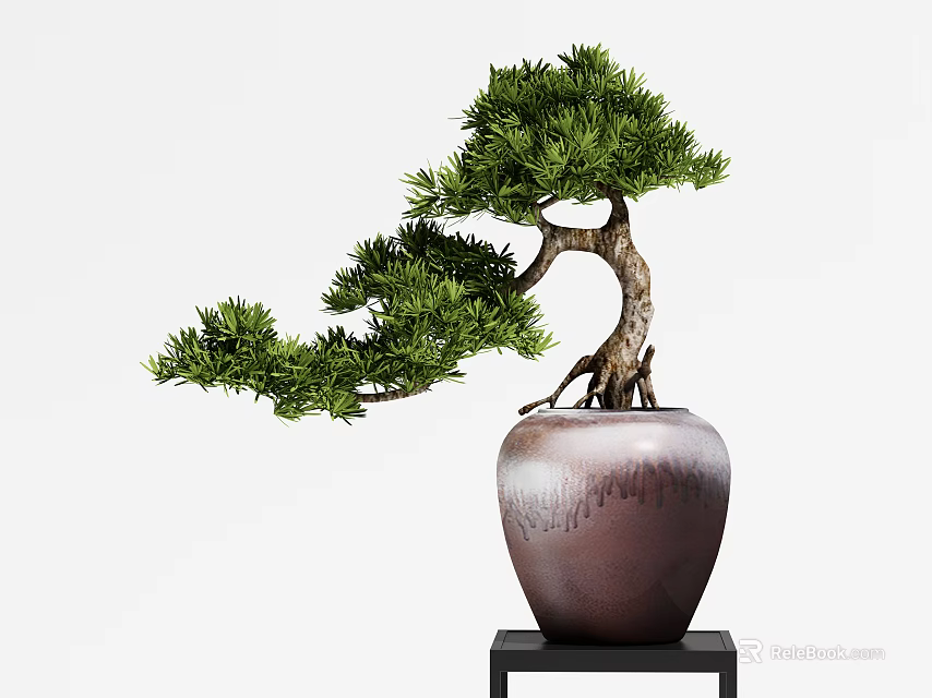 Curved Trunk Bonsai Plant With Green Foliage In Brown Ceramic Pot On Black Stand 3d model 
