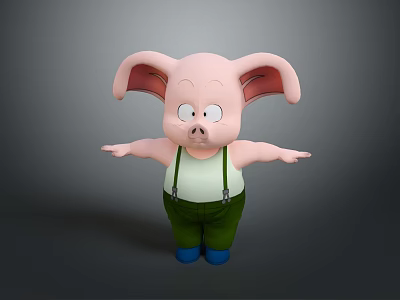 Cartoon Pink Pig With Big Ears Wearing Green Overalls Blue Shoes And Outstretched Arms 3d model