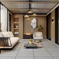 Modern Home Balcony With Wooden Deck Glass Doors Outdoor Furniture And Green Plants