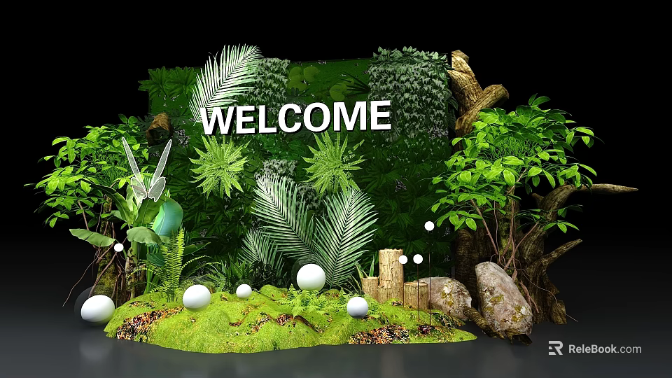 Welcome Natural Decor Scene With Lush Green Plants White Spheres And Stones 3d model 