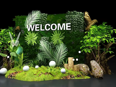 Welcome Natural Decor Scene With Lush Green Plants White Spheres And Stones 3d model