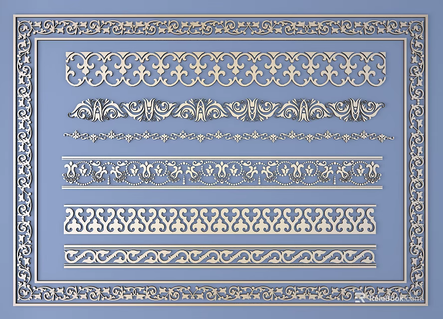 Decorative Carvings With Various Intricate Patterns And Ornate Borders On Blue Background 3d model