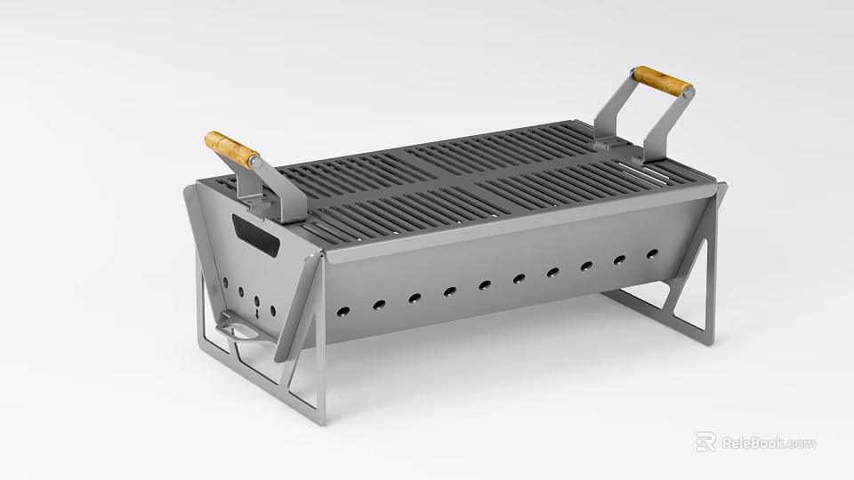 Portable Silver Metal Grill With Wooden Handles Stand And Vent Holes Design 3d model 
