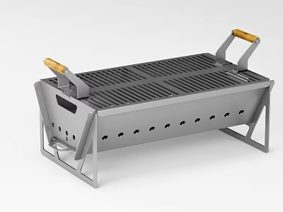 Portable Silver Metal Grill With Wooden Handles Stand And Vent Holes Design 3d model