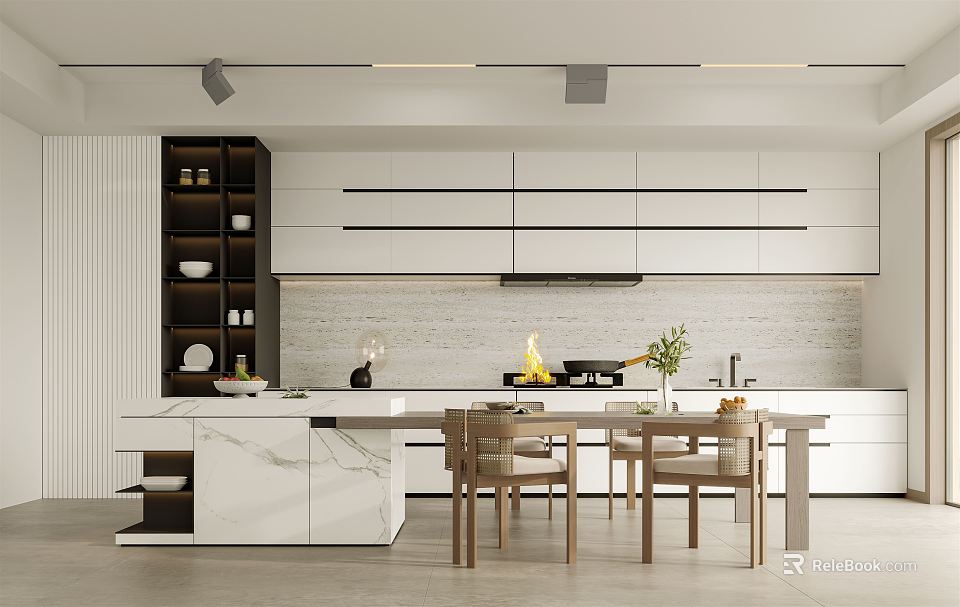 Modern Kitchen Interior With White Cabinets Marble Island And Dining Table Chairs 3d model 