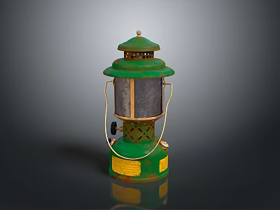 Vintage Green Lantern Furniture With Metal Frame Glass Shade And Yellow Label 3d model