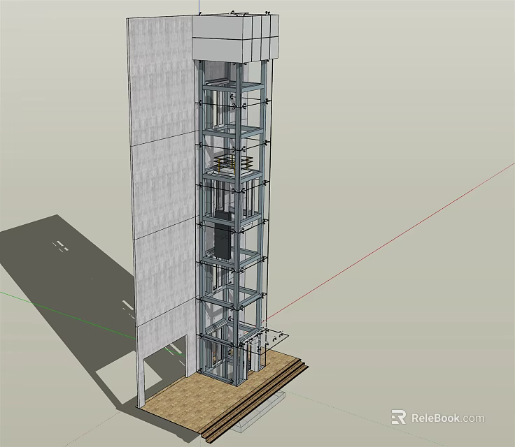 High Rise Building Elevator Structure With Metal Frame Glass Panels And Platform 3d model 