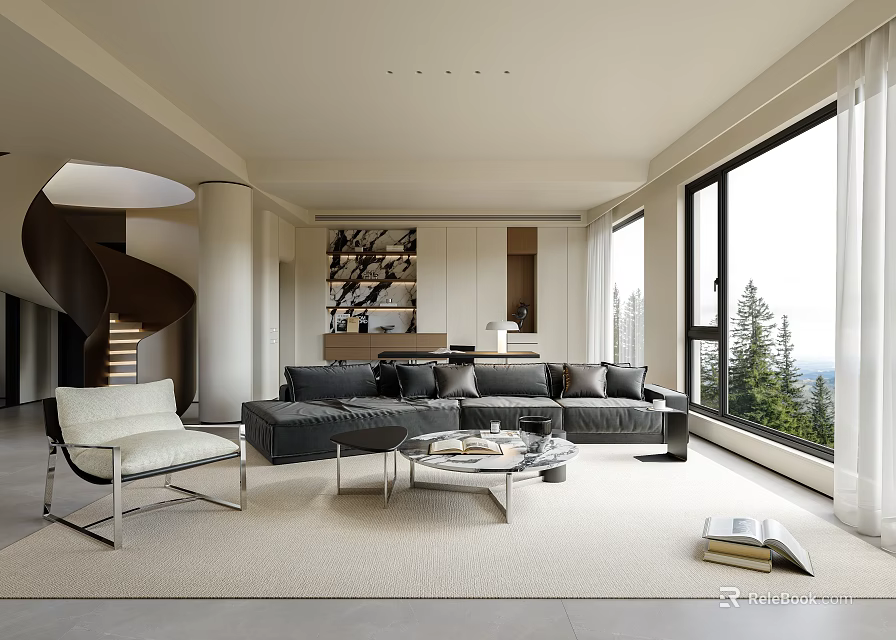 Modern Dining Living Room Interior With Large Windows Comfortable Sofa And Coffee Table 3d model 