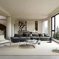 Modern Dining Living Room Interior With Large Windows Comfortable Sofa And Coffee Table