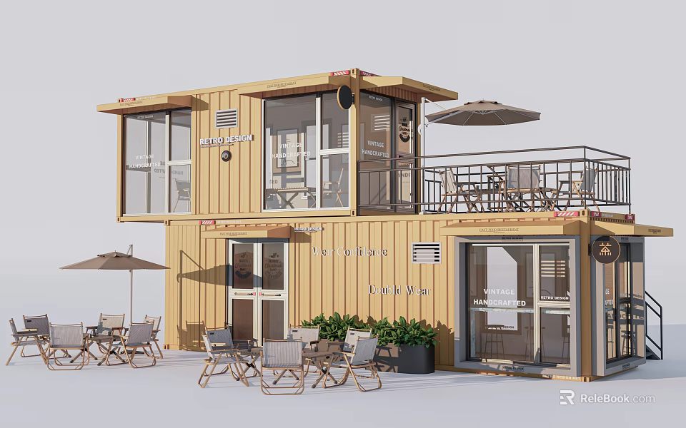 Yellow Two Story Container Building With Terrace Outdoor Seating Sun Umbrellas And Plants 3d model 