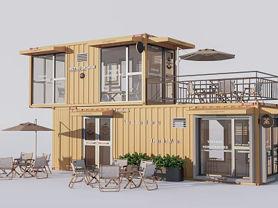 Yellow Two Story Container Building With Terrace Outdoor Seating Sun Umbrellas And Plants 3d model