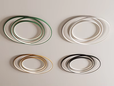 Four Ring Shaped Ceiling Lights in Green White Gold Black on Light Colored Background 3d model