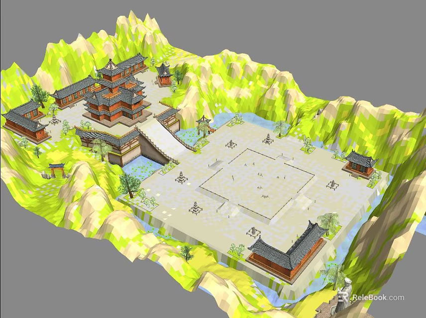 Ancient Chinese Architectural Complex With Scenic Mountains Water Plaza And Bridge 3d model 