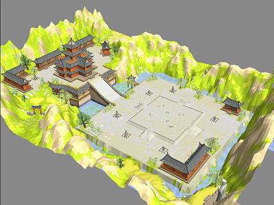 Ancient Chinese Architectural Complex With Scenic Mountains Water Plaza And Bridge 3d model