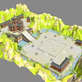 Ancient Chinese Architectural Complex With Scenic Mountains Water Plaza And Bridge