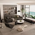 Modern Black Leather Sofa and Coffee Table Set with Chaise Lounge City View and Plants
