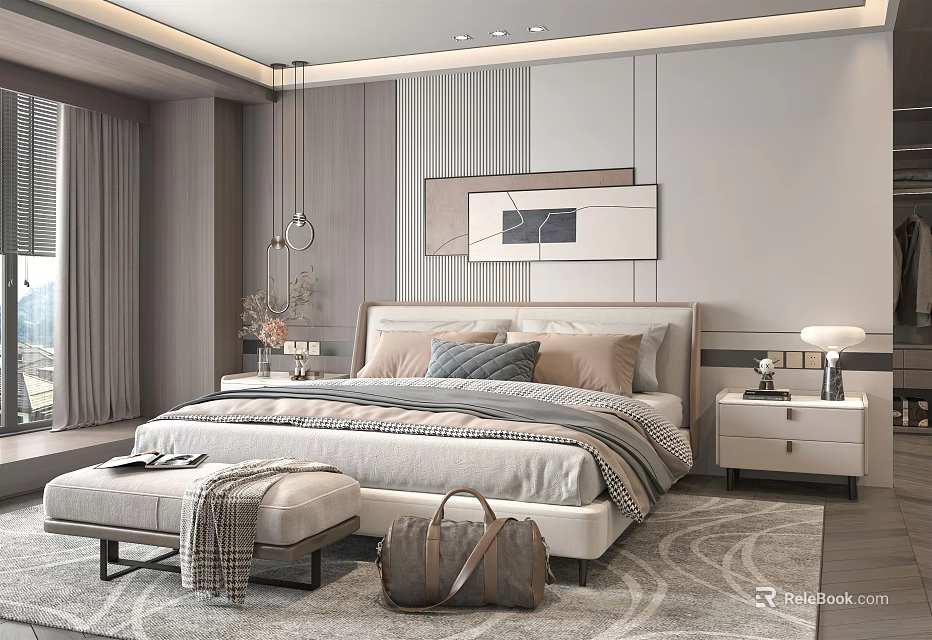Modern Bedroom Interior With Bed Headboard Pillows Nightstand Table Lamp And Decorative Rug 3d model 