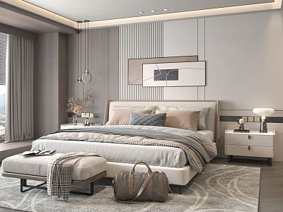 Modern Bedroom Interior With Bed Headboard Pillows Nightstand Table Lamp And Decorative Rug 3d model