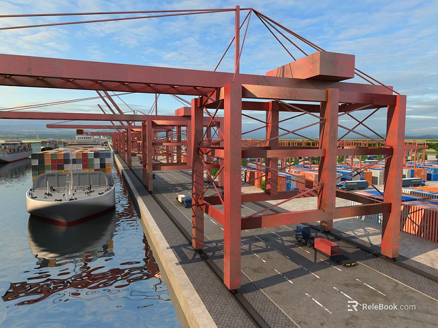 Port Scenery with Red Cranes Containers and Ship on Calm Water 3d model 