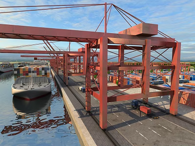 Port Scenery with Red Cranes Containers and Ship on Calm Water 3d model