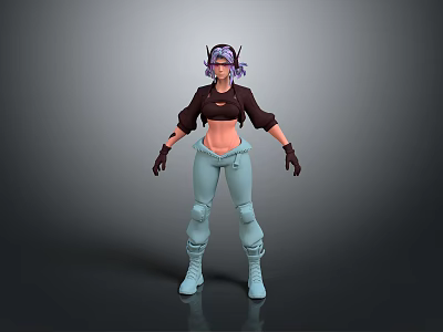 3D Character Model With Purple Hair Headphones Black Cropped Top Light Blue Pants 3d model