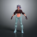 3D Character Model With Purple Hair Headphones Black Cropped Top Light Blue Pants