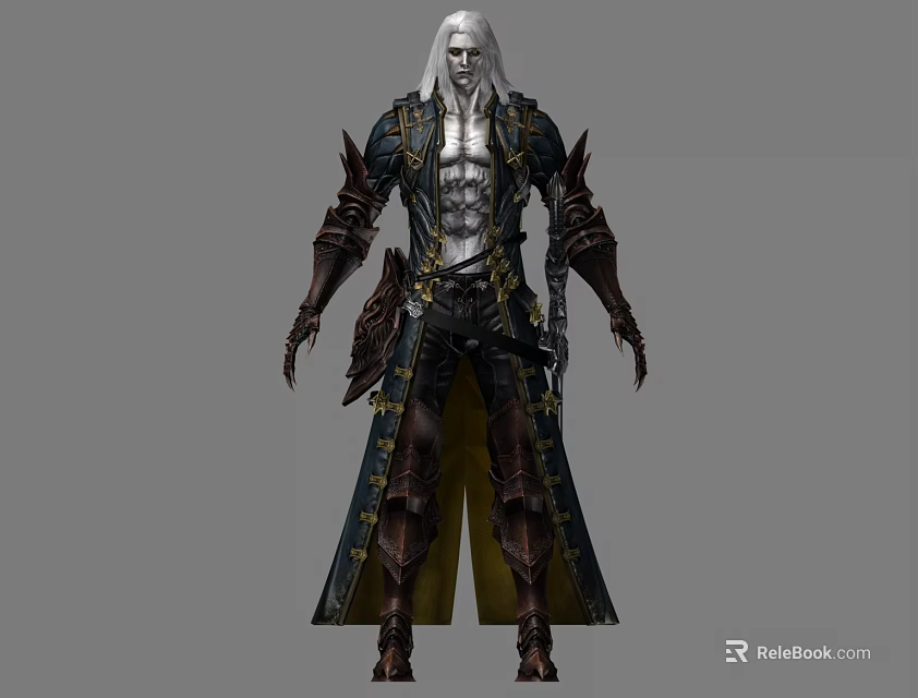 White Haired Elf Warrior In Dark Ornate Robe With Metallic Armor And Intricate Decorations 3d model