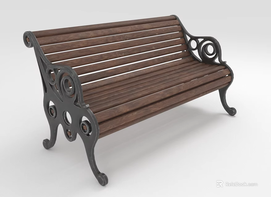 Classic Outdoor Bench With Wooden Slats And Ornate Metal Frame Design 3d model 