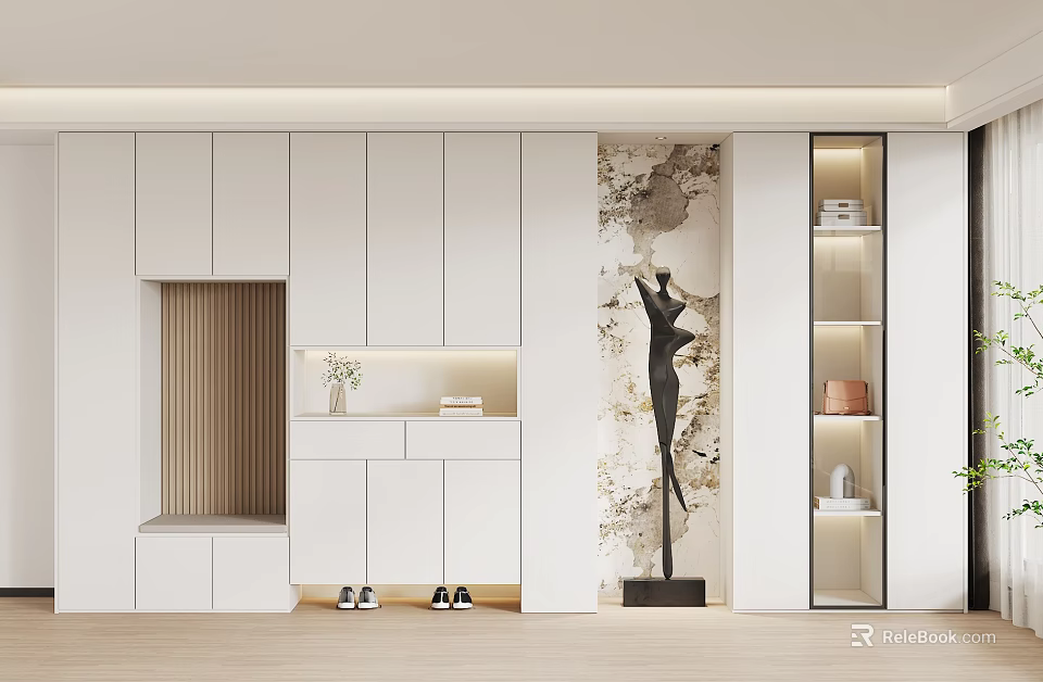 Modern White Shoe Cabinet With Built in Shoe Bench Vase And Decorative Sculpture Nearby 3d model 