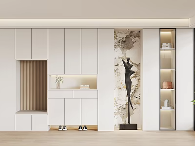 Modern White Shoe Cabinet With Built in Shoe Bench Vase And Decorative Sculpture Nearby 3d model