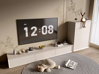 Modern White TV Stand with TV Vase Fruit Bowl Books and Stuffed Toys on Rug 3d model