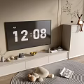 Modern White TV Stand with TV Vase Fruit Bowl Books and Stuffed Toys on Rug