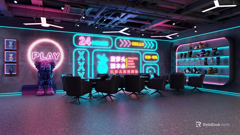 Modern 24 Hour Bar With Neon Lights PLAY Sign Robot Sculpture Black Tables And Chairs 3d model 