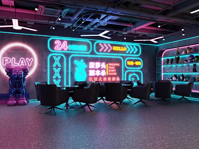 Modern 24 Hour Bar With Neon Lights PLAY Sign Robot Sculpture Black Tables And Chairs 3d model