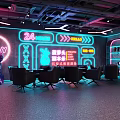 Modern 24 Hour Bar With Neon Lights PLAY Sign Robot Sculpture Black Tables And Chairs