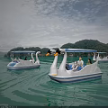 Multiple Swan Shaped Pedal Boats With Passengers On Water Near Mountains And Trees