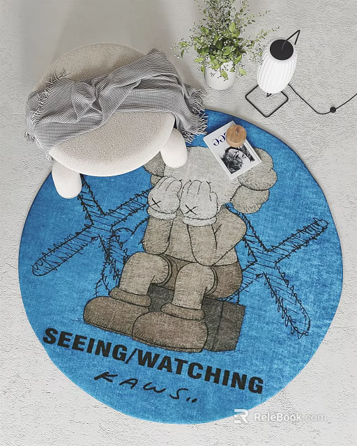 Blue Round Rug With Cartoon Character And Seeing Watching Text Design 3d model