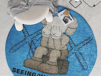 Blue Round Rug With Cartoon Character And Seeing Watching Text Design 3d model