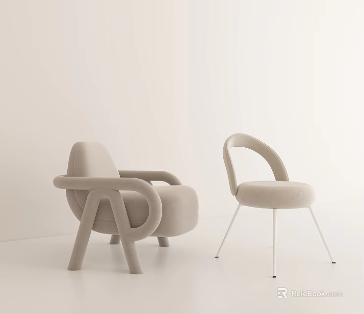 Beige Modern Minimalist Leisure Chairs With Curved Armrests Arched Backrest And Slim Legs 3d model 