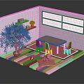Cartoon Style Indoor Room With Wooden Table Chairs Potted Plant Colorful Rug And Toy Animal