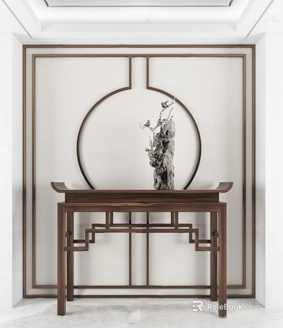 Traditional Chinese Wooden Console Table With Carved Frame And Circular Backdrop Sculpture 3d model 
