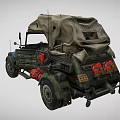 Olive Green Military Off Road Vehicle With Canvas Top And Red Components