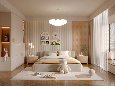 Modern Cozy Bedroom Interior With Chandelier Plush Toys And Decorative Paintings 3d model