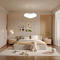 Modern Cozy Bedroom Interior With Chandelier Plush Toys And Decorative Paintings